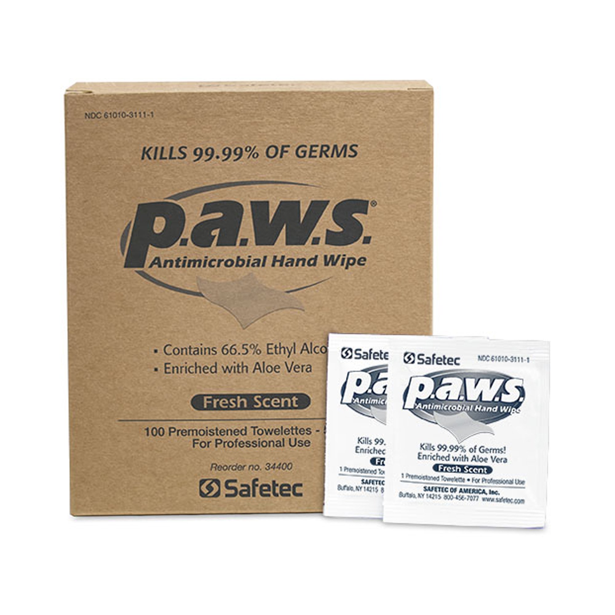 Wipe Hand Sanitizing Wipe P.A.W.S.® 100 Count Ethyl Alcohol Wipe Individual Packet 5 x 8 Inch (100/BX 10BX/CS) by Safetec of America  ID 34400